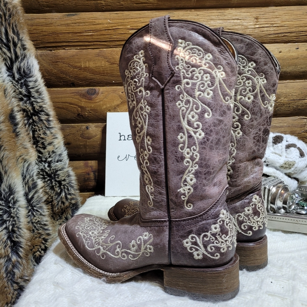 Corral Girl's A2980 Embroidery Square Toe Western Boot Brown/Bone